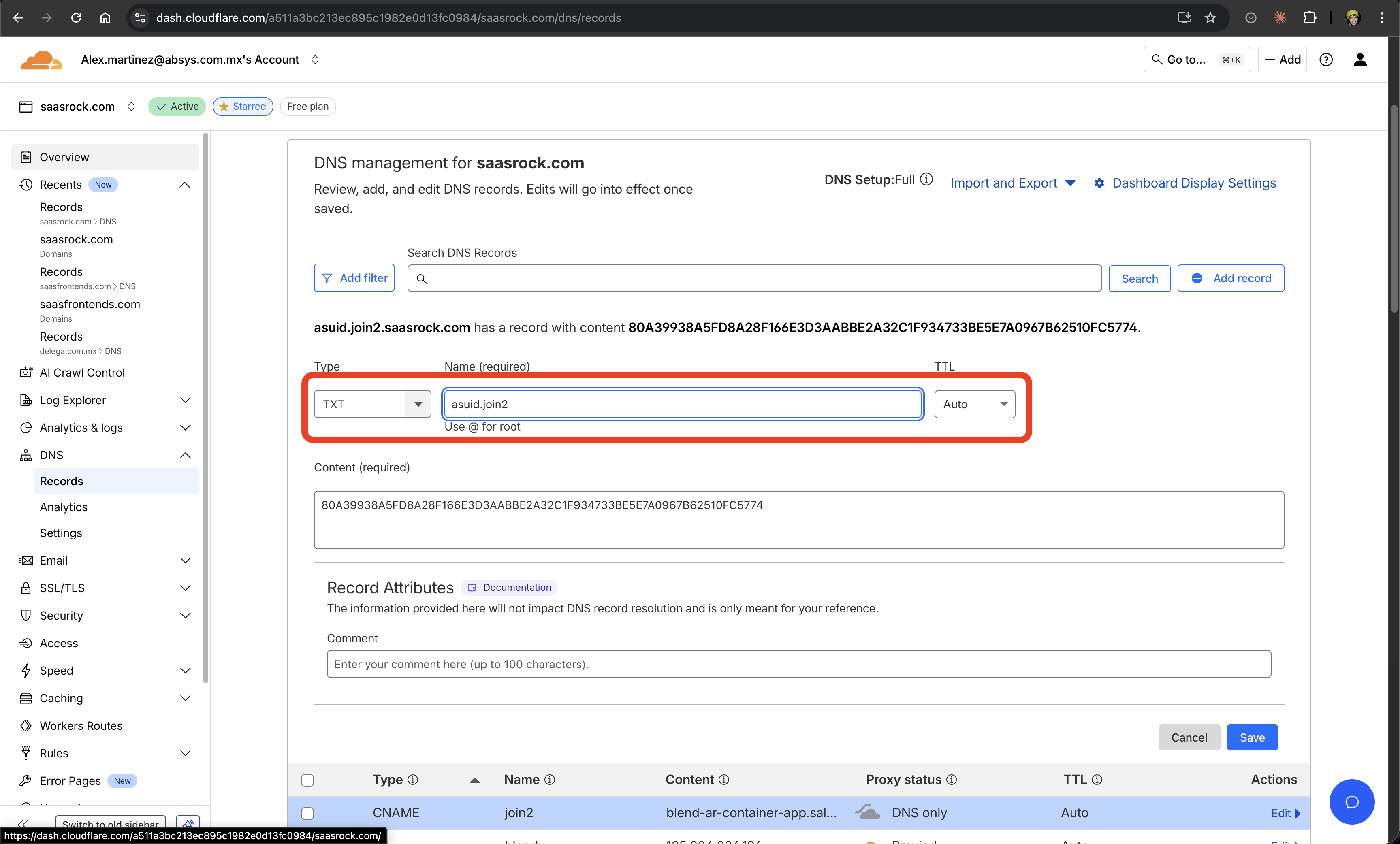 Cloudflare TXT record